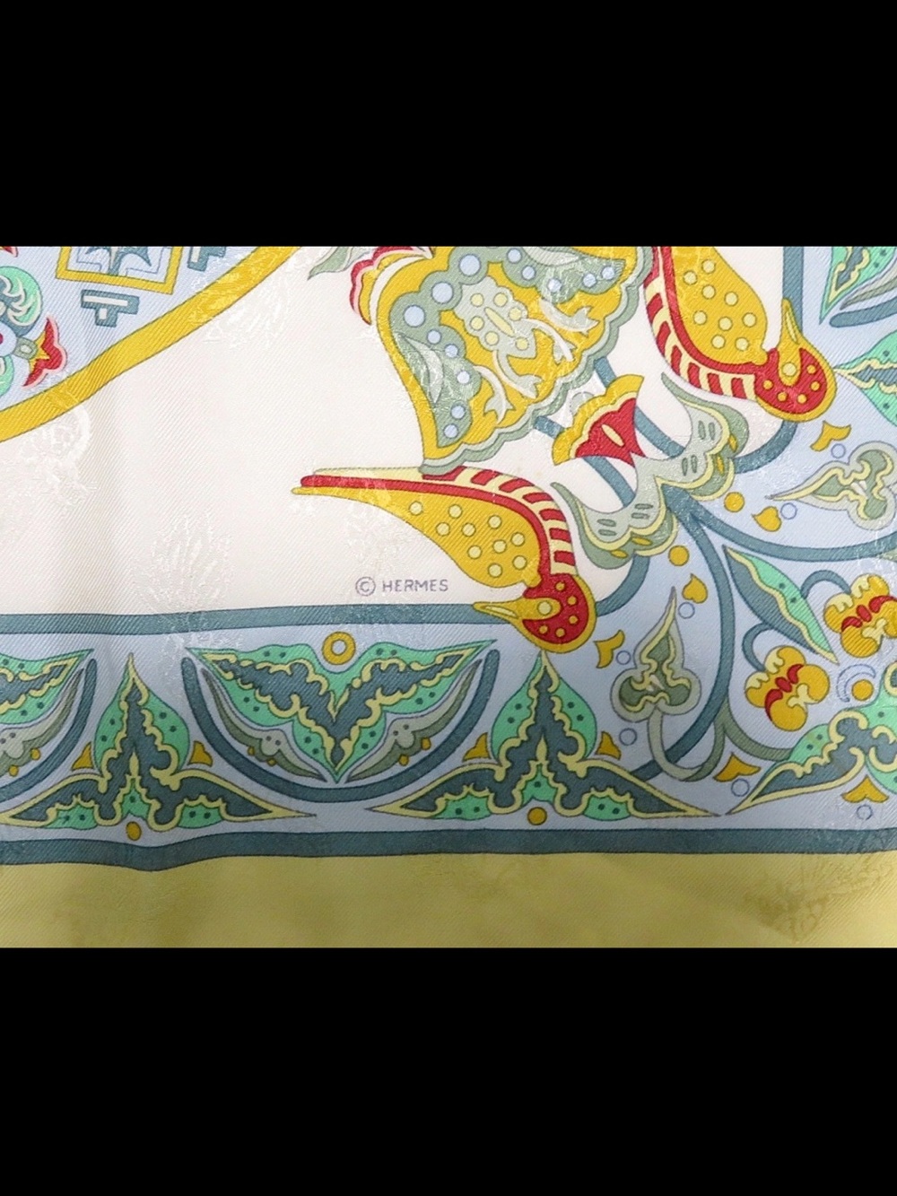 Hermes Yellow, Blue and Green Silk Scarf with Geometric Medallion Motif - Picture 11 of 13